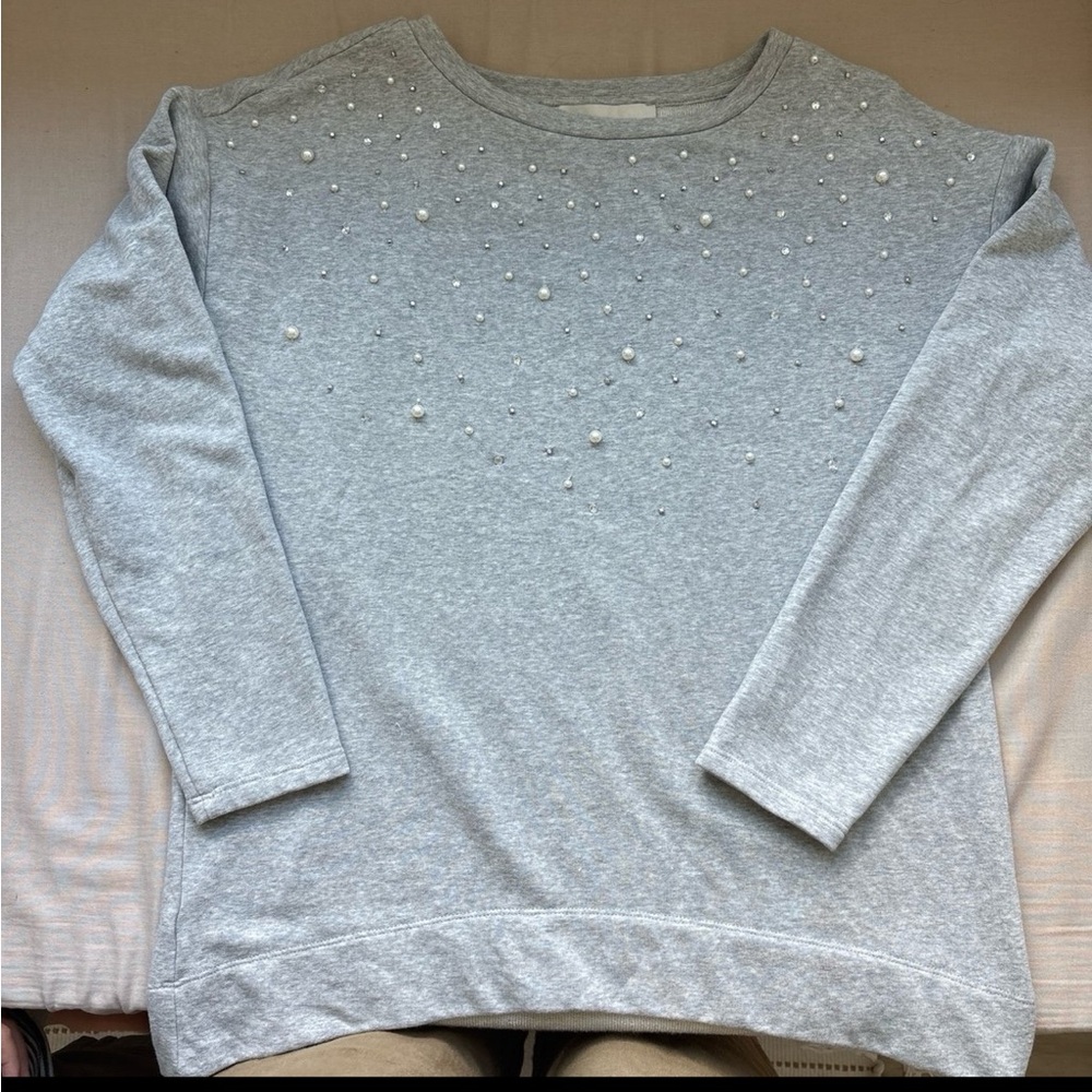 LOFT Light Gray Pearl-Embellished Sweatshirt